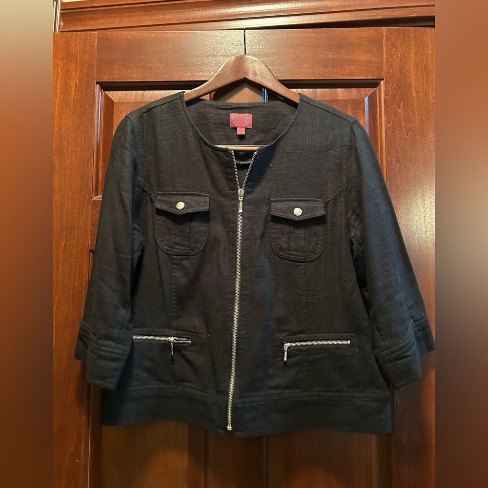 212 Collection Black Linen Blend Utility Jacket Zip Front Size M